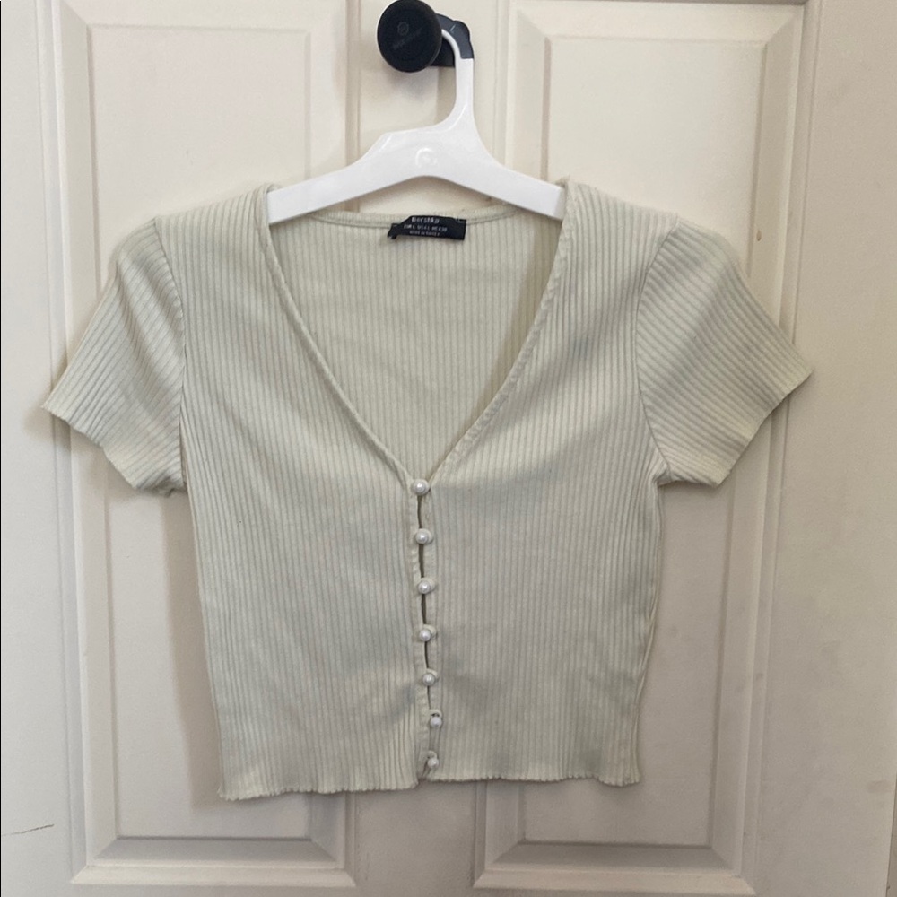 Bershka Cream Ribbed Crop Button Down Shirt